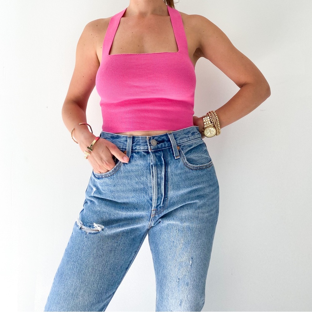 Hot pink cropped halter top